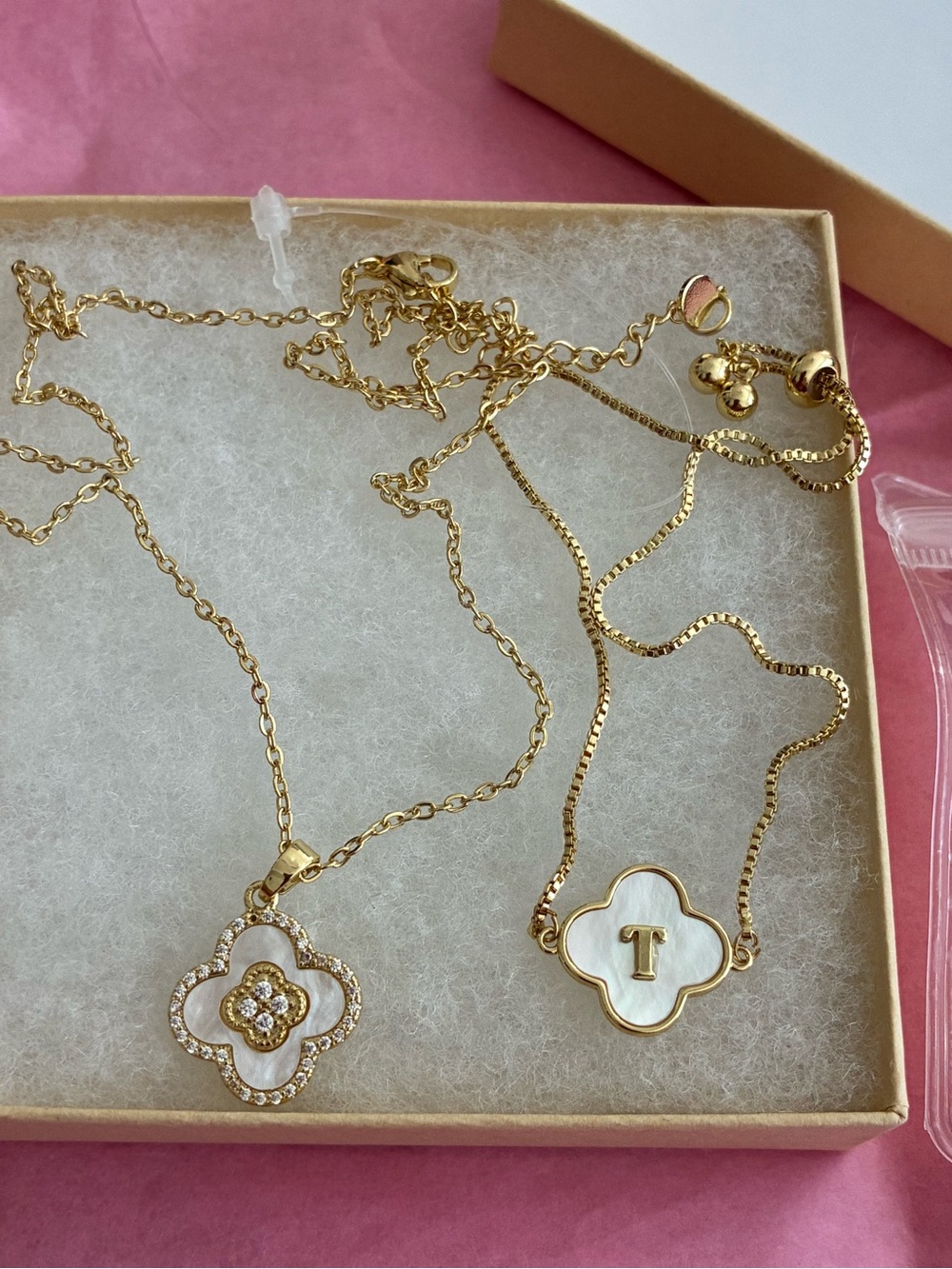 Gold Tone White Mother-of-Pearl Clover Necklace - and bracelet.